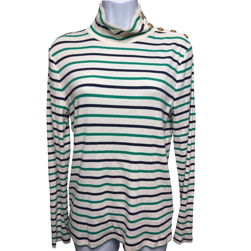 J. CREW White Green Striped Mock Neck Top Sz M Gold‎ Button Nautical Preppy Chic